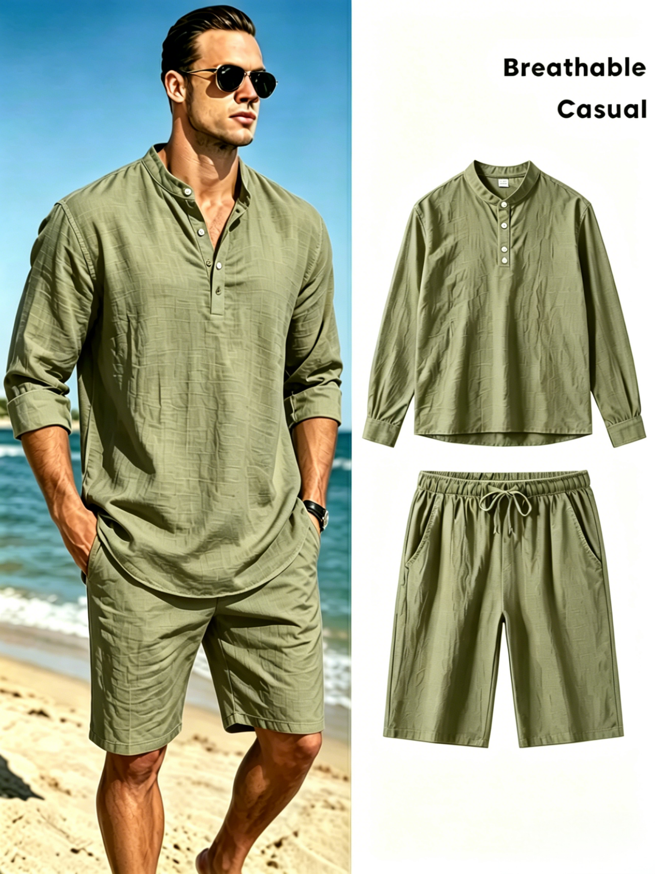Summer Clothing Sets Men - Men's Cotton Linen Henley Shirt and