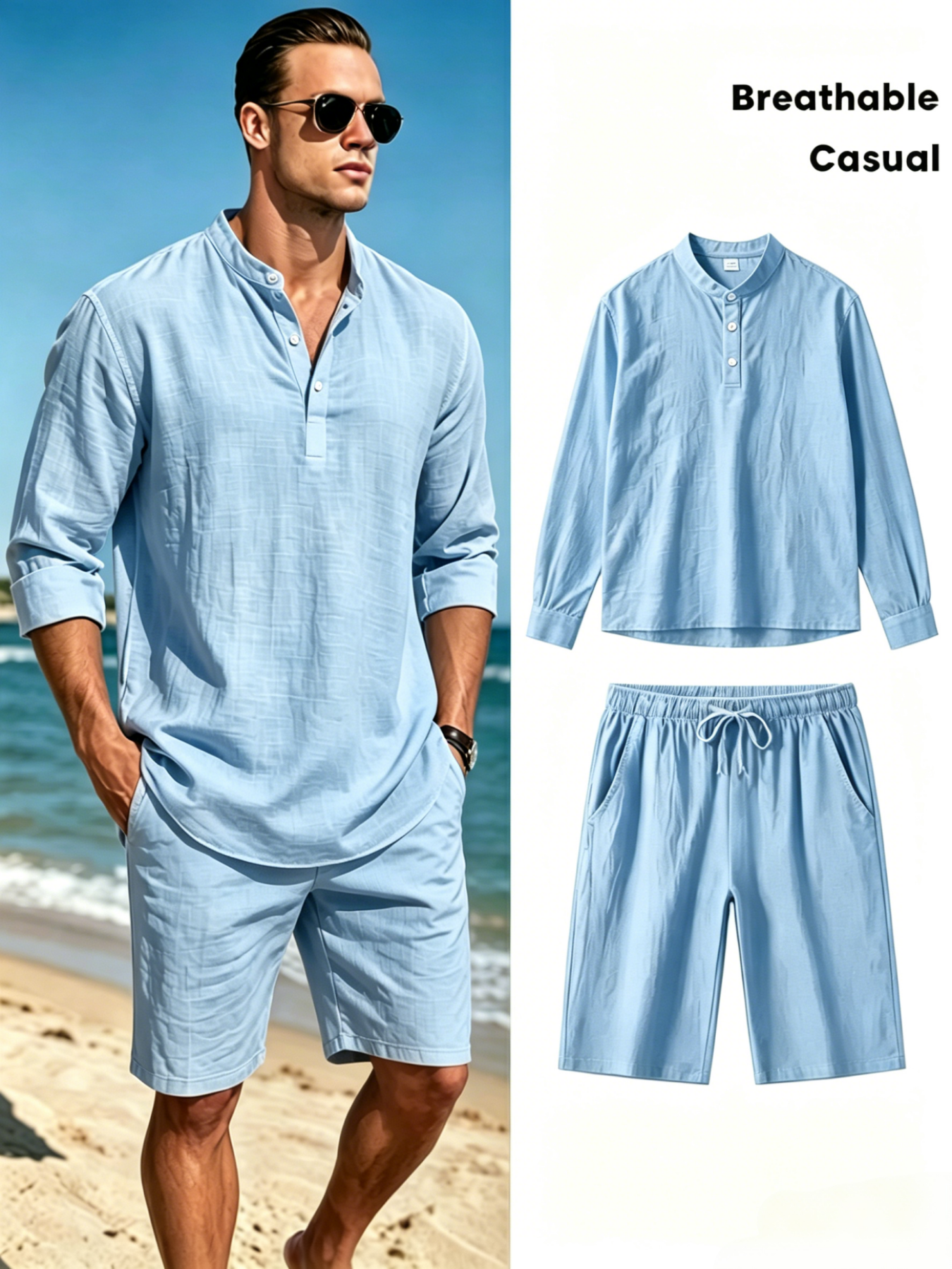 Men's Cotton Linen Henley Shir - Summer Clothing Sets Men recensie en prijs