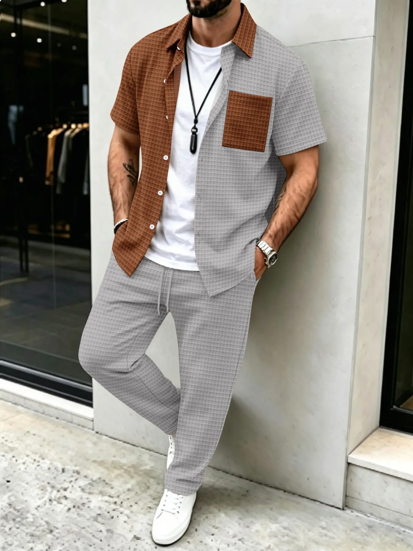 Men's Solid Waffle Pattern Cas - Summer Clothes Fashion recensie en prijs
