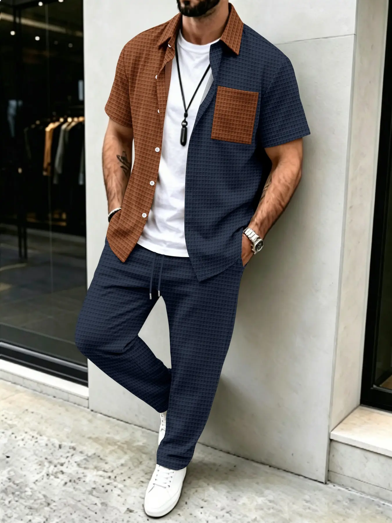 Men's Solid Waffle Pattern Cas - Summer Clothes Fashion recensie en prijs