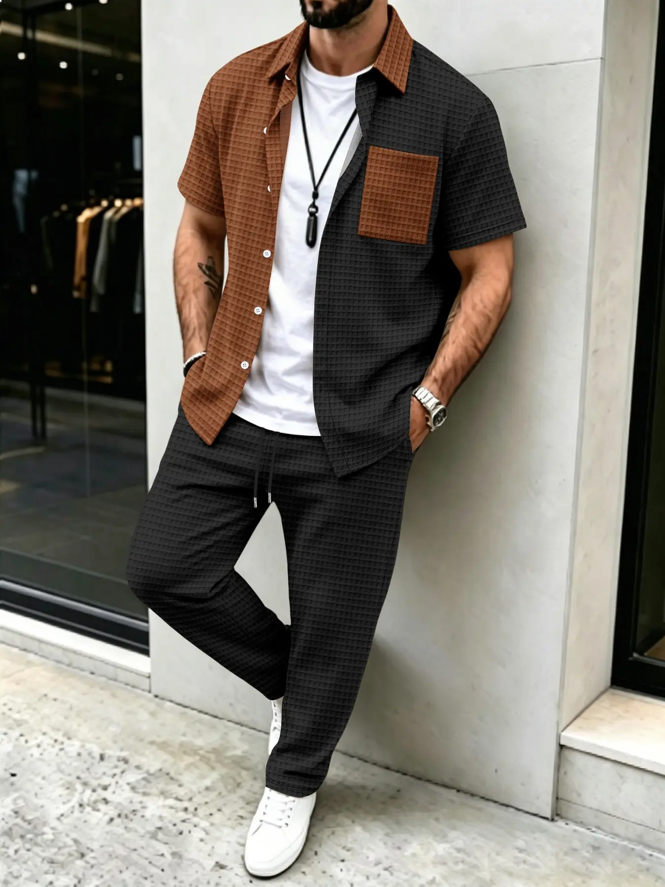 Men's Solid Waffle Pattern Cas - Summer Clothes Fashion recensie en prijs