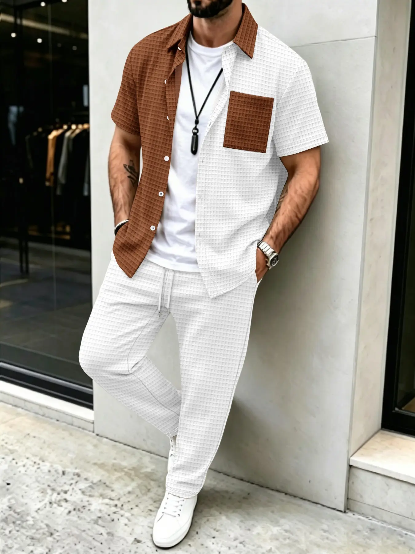 Men's Solid Waffle Pattern Cas - Summer Clothes Fashion recensie en prijs