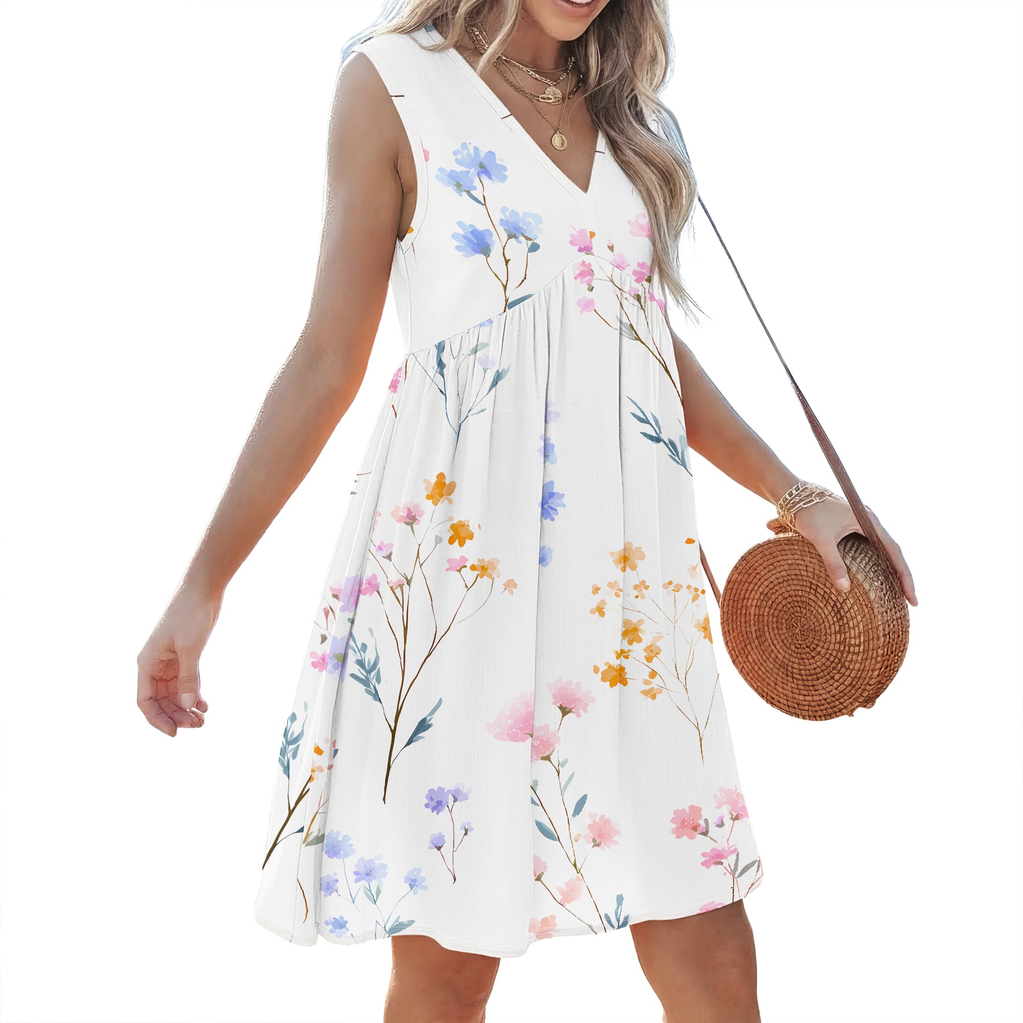 Floral Print, Sleeveless Dress - Sundress Midi Floral recensie en prijs