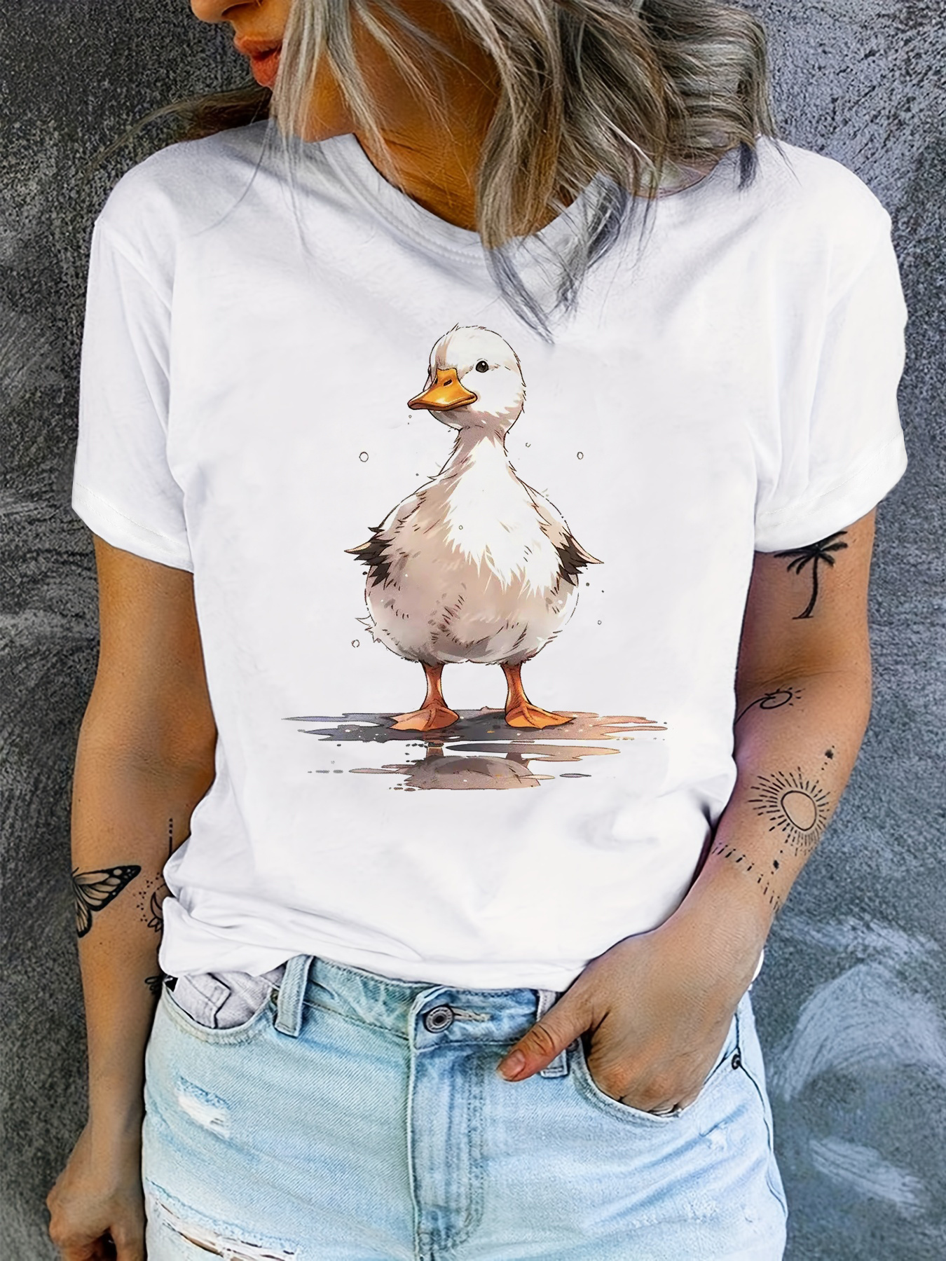 Cute Duck Print Crew Neck T-sh - Summer Duck Clothing recensie en prijs