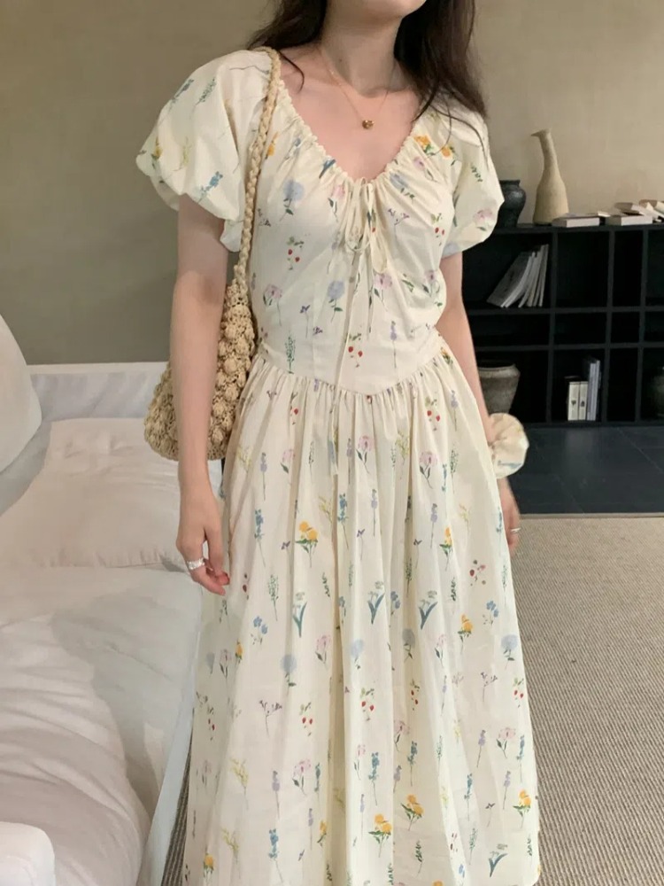 Vintage V Neck Puff Sleeve Lon - Sundress Midi Floral recensie en prijs