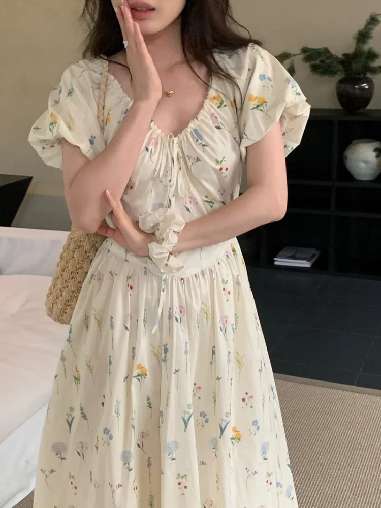 Vintage V Neck Puff Sleeve Lon - Sundress Midi Floral recensie en prijs